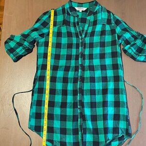 Tramp button down blouse; Color: Green & black (checkered),